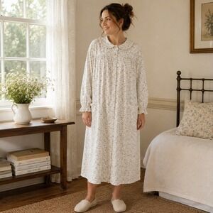 Vintage Carole Floral Cotton Nightgown Cottagecore Ruffle Collar USA Women's XL